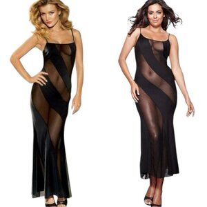 Frederick’s of Hollywood Glamour Illusion Black Sheer Maxi Slip Dress Gown, L